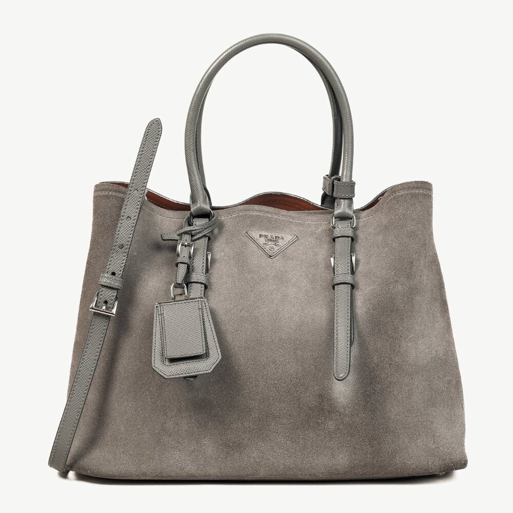 Prada Acciaio Scamosciato Grey Suede Double Bag Tote